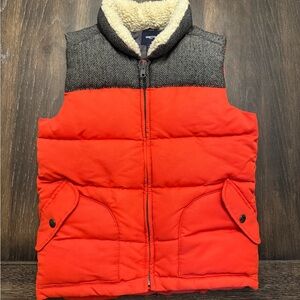 🟣 GAP KIDS ROYAL TENENBAUMS ORANGE/RED HERRINGBONE SHERPA PUFFER VEST SIZE SMALL